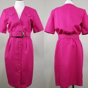 Vintage 80s Whirlaway Frocks Fuchsia Waffle Shirtwaist Dress 12P